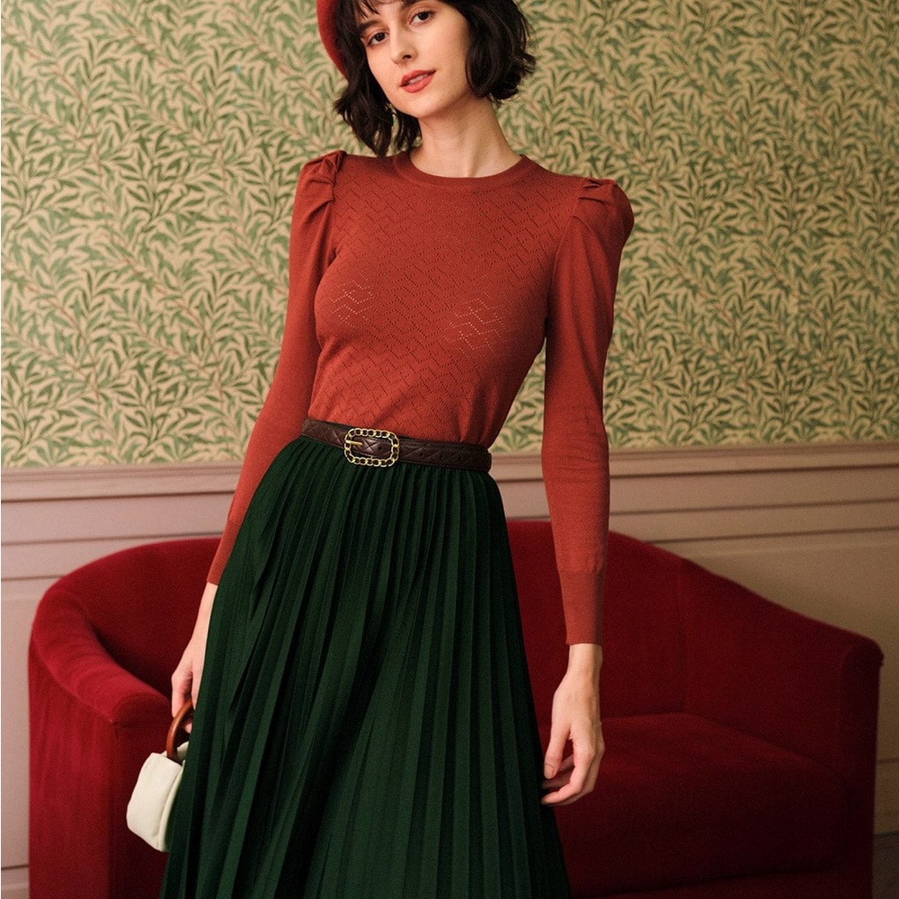 Dark Green Elastic Waist Pleated Skirt